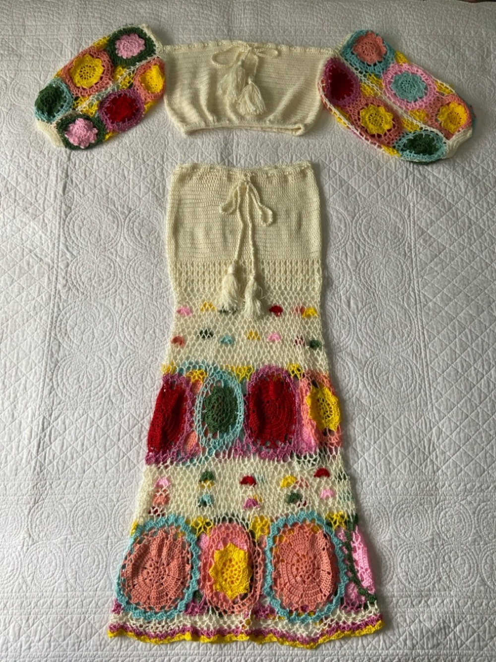 Spell Crochet Set Let the Sunshine In Maxi Skirt and Crop Top Cream Rainbow S - Picture 3 of 17
